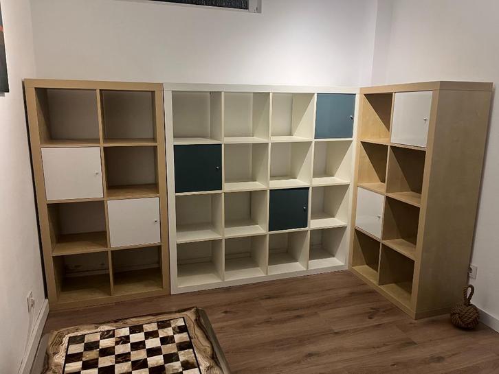 IKEA Expedit/Kallax Set 16 vakken wit incl. 3 grijze kastjes, Huis en Inrichting, Kasten | Boekenkasten, Gebruikt, 100 tot 150 cm