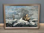 Schilderij van schepen op woeste zee, Antiek en Kunst, Kunst | Schilderijen | Klassiek, Ophalen of Verzenden