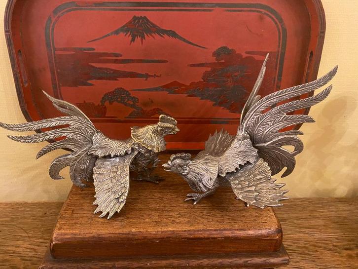 Verzilverde hanen, tafelstukken, piece de milieu *Nous deux*, Antiek en Kunst, Curiosa en Brocante, Ophalen of Verzenden