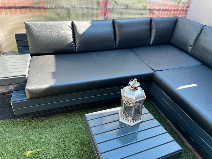 Longset met hoekstelling  alle kussen gemaakt met leer, Tuin en Terras, Tuinsets en Loungesets, Zo goed als nieuw, Ophalen