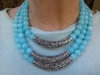 3-rij Collier blauwe Quartz kralen en Zilverkl. Filigrein, Nieuw, Steen of Mineraal, Met edelsteen, Verzenden