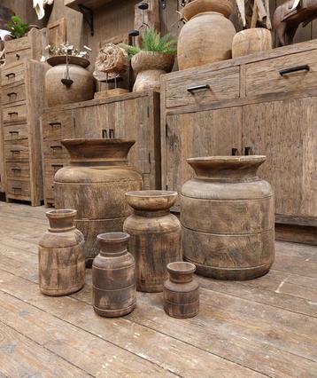 houten kruikjes potten landelijk woonaccessoires 