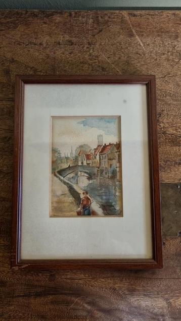 Aquarel Schilderij Brug met Figuur beschikbaar voor biedingen