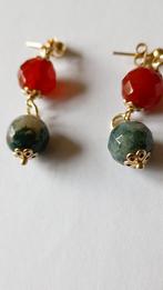 Oude zilver vergulde oorstekers Carneool en  Mosagaath, Verzenden, Zilver, Oorbellen, Met edelsteen