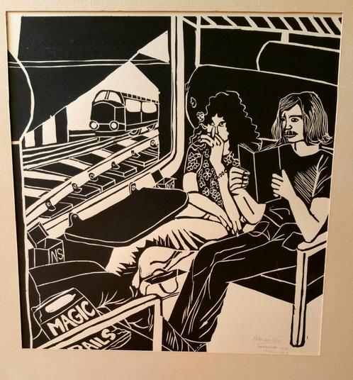 Linosnede 'Treinreizigers 70-er jaren' van Ada van Selm, Antiek en Kunst, Kunst | Etsen en Gravures, Ophalen