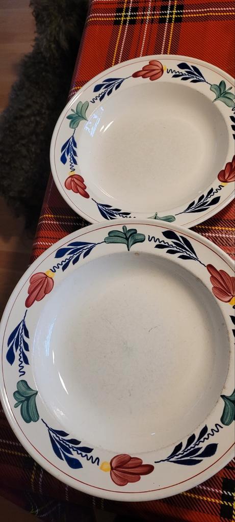 2 Boerenbont Diepe Borden - Gebruikt, Huis en Inrichting, Keuken | Servies, Gebruikt, Bord(en), Boerenbont, Aardewerk, Ophalen