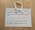 Bord ''Gereserveerd voor de familie van het bruidspaar'', Ophalen of Verzenden, Zo goed als nieuw, Versiering, Geboorte of Huwelijk