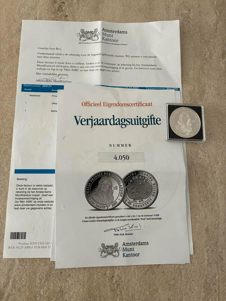 Amalia 18 Jaar Herdenkingsmunt met Certificaat, Postzegels en Munten, Munten | Nederland, Losse munt, Overige waardes, Koningin Beatrix