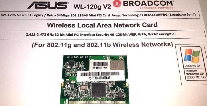 Asus WL-120G V2 R3.31 54Mbps MiniPCI netwerkkaart Wifi WPA, Computers en Software, Vintage Computers, Ophalen of Verzenden