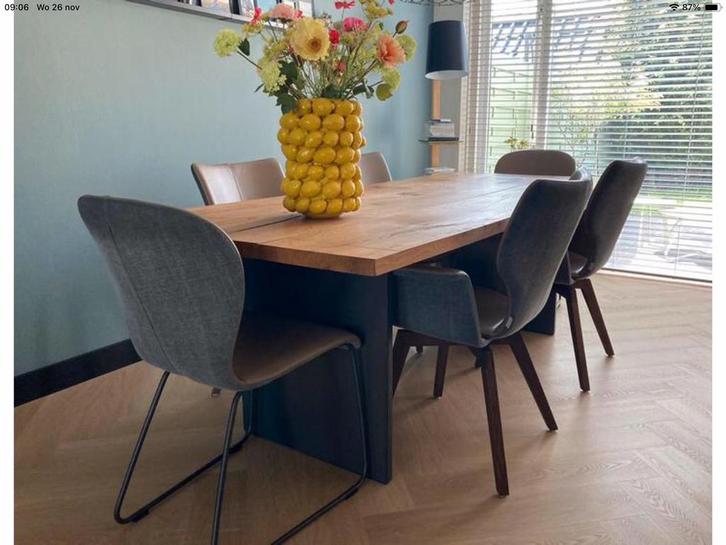 Robuuste eettafel: massief eikenhout met staal 230x100x76, Huis en Inrichting, Tafels | Eettafels, Zo goed als nieuw, 50 tot 100 cm