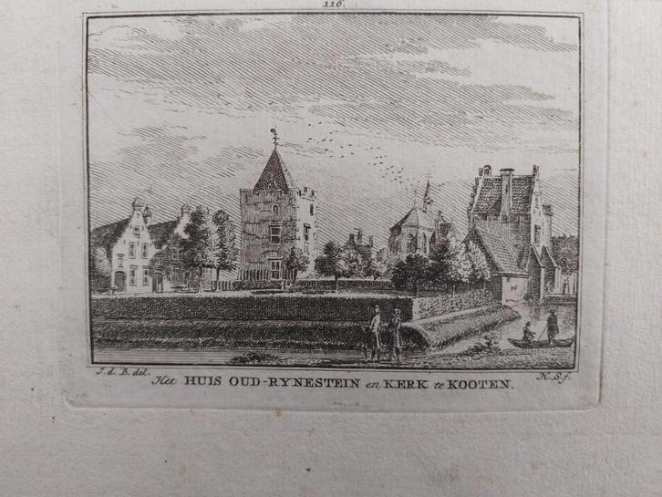 116 / Huis Oud Rynestein en Kerk te Kooten Gravure 18e eeuw, Antiek en Kunst, Kunst | Etsen en Gravures, Ophalen of Verzenden