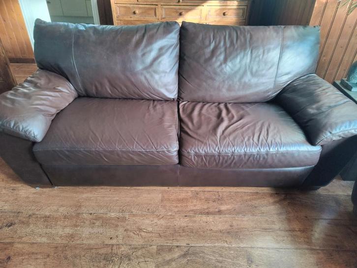 Echt leer! Donker bruin 2 en 3 zit, Huis en Inrichting, Banken | Bankstellen, Gebruikt, 75 tot 100 cm, Leer, Ophalen