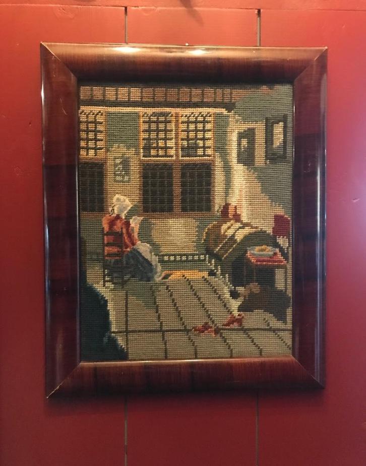 Borduurwerk in mahonie lijst *Nous Deux*, Antiek en Kunst, Curiosa en Brocante, Ophalen of Verzenden