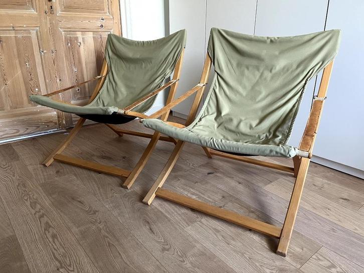 Vintage safari stoel, vouwstoel, tuinstoel, strandstoel, Tuin en Terras, Tuinstoelen, Gebruikt, Hout, Inklapbaar, Ophalen