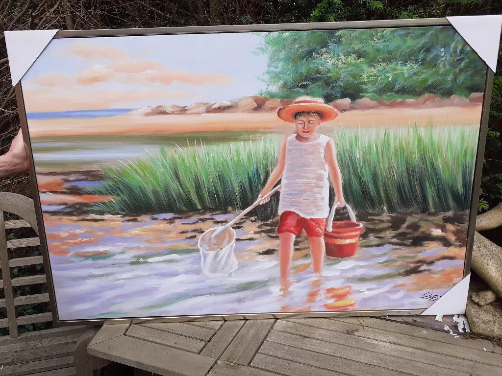 Zeer groot Schilderij Olieverf op Canvas in Baklijst gesign., Ophalen of Verzenden