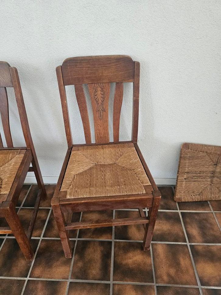 Houten stoelen met rieten zitting (4 stuks), Huis en Inrichting, Stoelen, Gebruikt, Vier, Hout, Riet of Rotan, Bruin, Ophalen