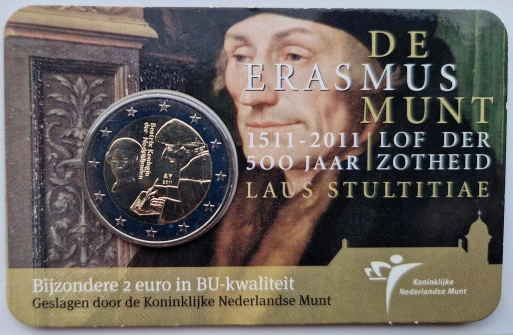 Nederland 2 Euro Erasmus 2011 BU Coincard, Postzegels en Munten, Munten | Nederland, Ophalen of Verzenden, Koningin Beatrix, Euro's