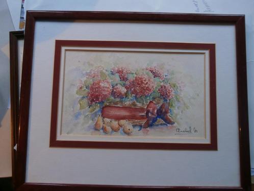 Leuk schilderijtje, Hortensias in een mandje, Elisabeth MOL, Huis en Inrichting, Woonaccessoires | Schilderijen, Tekeningen en Foto's