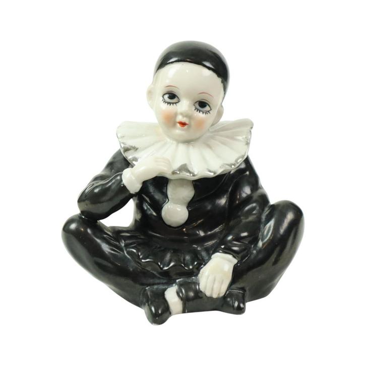 Vintage Pierrot Beeldje Porselein Zittende Harlekijn Nar, Verzamelen, Beelden en Beeldjes, Gebruikt, Mens, Ophalen of Verzenden