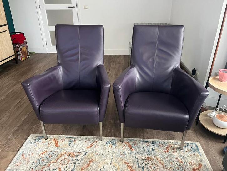 Goossens leren design Fauteuils (2x) Paars/Aubergine, Huis en Inrichting, Fauteuils, Gebruikt, Leer, 50 tot 75 cm, Minder dan 75 cm