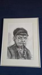 Man met de pijp. Tekening met houtskool in lijst., Antiek en Kunst, Ophalen