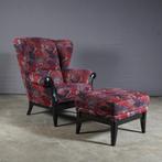 Vintage stoffen oorfauteuil met hocker – bloemenmotief – '70, Huis en Inrichting, Fauteuils, Hout, Minder dan 75 cm, Ophalen of Verzenden