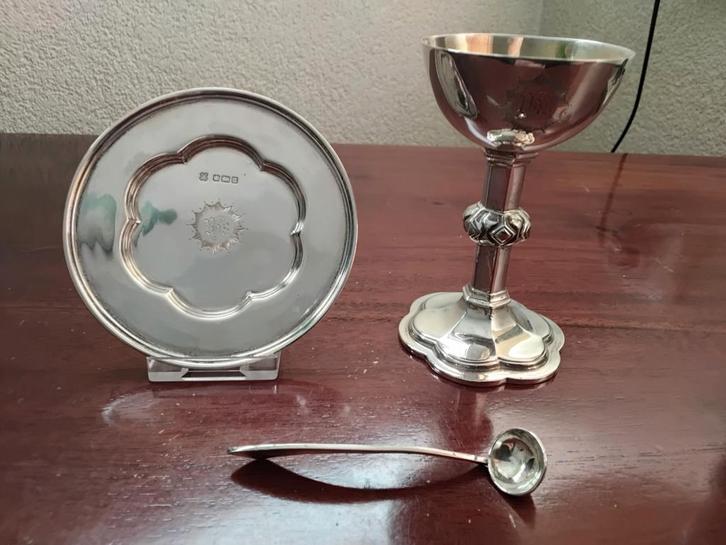 Mooie antieke zilveren kelkje en pateen en lepeltje 1912, Antiek en Kunst, Antiek | Goud en Zilver, Zilver, Ophalen of Verzenden