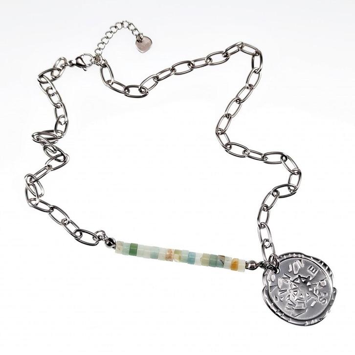 Kompas + Ovale Stalen Schakelketting Zilverkleur RVS - Dames, Sieraden, Tassen en Uiterlijk, Kettingen, Nieuw, Overige materialen