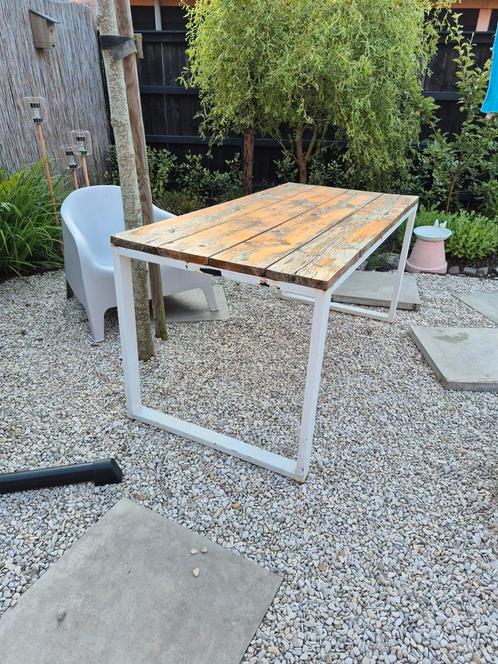 Steigerhouten eettafel met stalen frame, Tuin en Terras, Tuintafels, Gebruikt, Rechthoekig, Hout, Ophalen