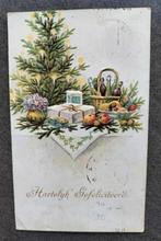 Hartelijk gefeliciteerd oude reliëf kaart (kerstboom, mand), Gelopen, Feest(dag), Ophalen of Verzenden, 1920 tot 1940