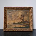 Antiek schilderij met molen en landschap gouden lijst, Antiek en Kunst, Kunst | Schilderijen | Klassiek, Ophalen of Verzenden