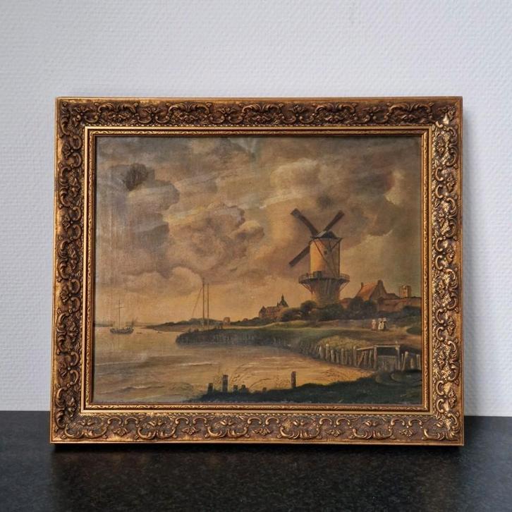 Antiek schilderij met molen en landschap gouden lijst, Antiek en Kunst, Kunst | Schilderijen | Klassiek, Ophalen of Verzenden