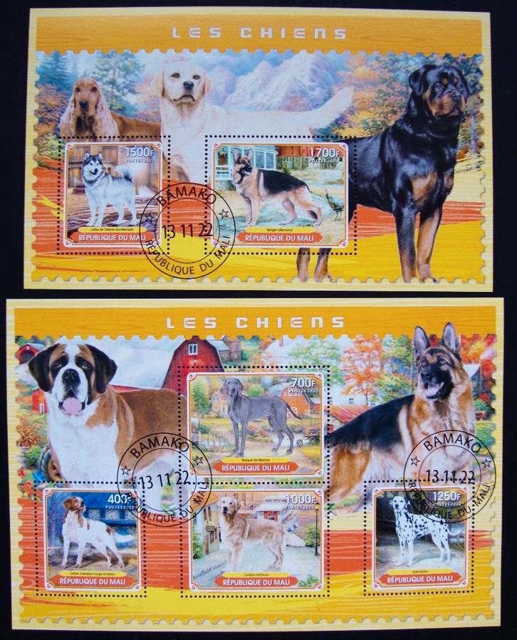 - 663 - 2 Blokken met 6 Honden zegels., Postzegels en Munten, Postzegels | Thematische zegels, Gestempeld, Dier of Natuur, Verzenden