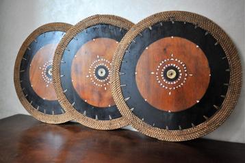 Vintage Onderzetter Hout Koper Rattan Parelmoer Bali 35 cm beschikbaar voor biedingen