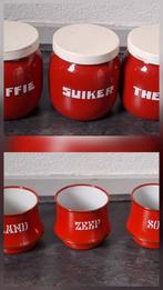Rood Emaille Koffie&Thee&Suiker ronde Bussen+Zand&Zeep&Soda, Ophalen of Verzenden