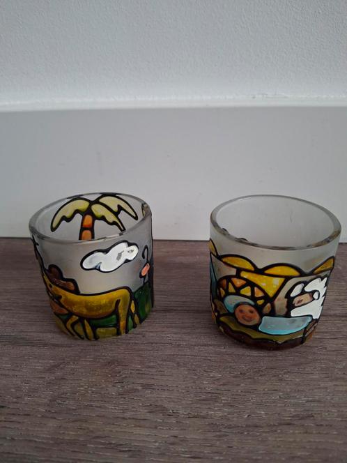 Glazen Theelichthouders Kerststal & Koning - Set van 2, Antiek en Kunst, Antiek | Glas en Kristal, Ophalen of Verzenden