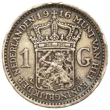 Wilhelmina - prachtige vrij zeldzame 1 Gulden zilver 1916  beschikbaar voor biedingen