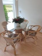 Glazen rotan eettafel met stoelen, Ophalen, Gebruikt, Rond, 100 tot 150 cm