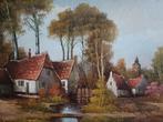 Schilderij met watermolen in dorpskern van W. Hoesen, Antiek en Kunst, Kunst | Schilderijen | Klassiek, Ophalen