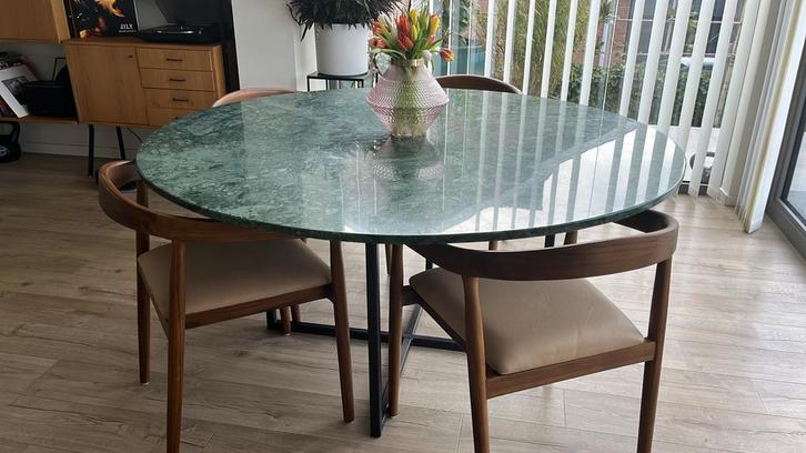 6 Sklum Visby Eetkamerstoelen Teakhout/Leder - Zo Goed Als N, Huis en Inrichting, Stoelen, Zo goed als nieuw, Hout, Leer, Bruin