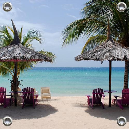 Tuinverruimer-Tuinposter Strand met Parasols 100x100 cm bxh, Tuin en Terras, Tuinwanddecoratie, Nieuw, Verzenden