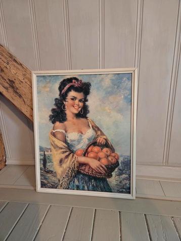 Vintage Schilderij: Vrouw met Mand Fruit beschikbaar voor biedingen