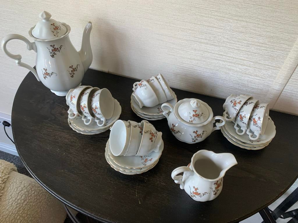 Vintage thee/mokka servies met bloemmotief, Ophalen of Verzenden