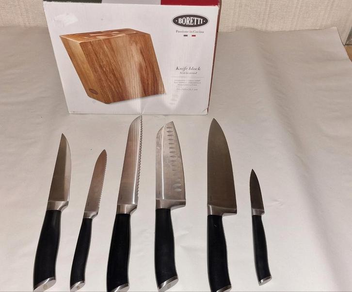 Ah boretti messenset messen met messenblok complete set, Huis en Inrichting, Keuken | Bestek, Zo goed als nieuw, Bestekset, Rvs of Chroom