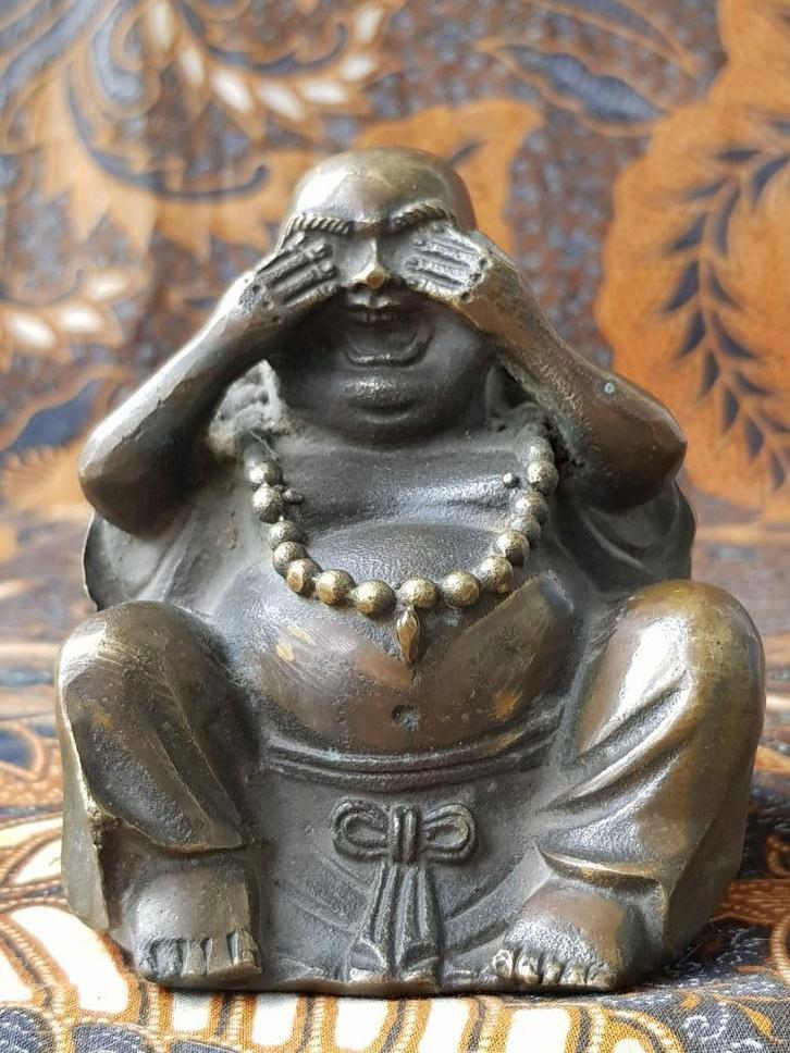 Mooi zwaar oud Chinees brons beeldje van Boeddha 9 cm., Antiek en Kunst, Kunst | Niet-Westerse kunst, Ophalen of Verzenden