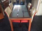 Glazen Eettafel met 4 Lederen Stoelen, Huis en Inrichting, Tafels | Eettafels, Ophalen of Verzenden, Gebruikt