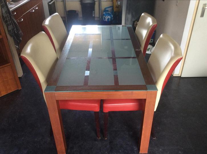 Glazen Eettafel met 4 Lederen Stoelen, Huis en Inrichting, Tafels | Eettafels, Gebruikt, Ophalen of Verzenden