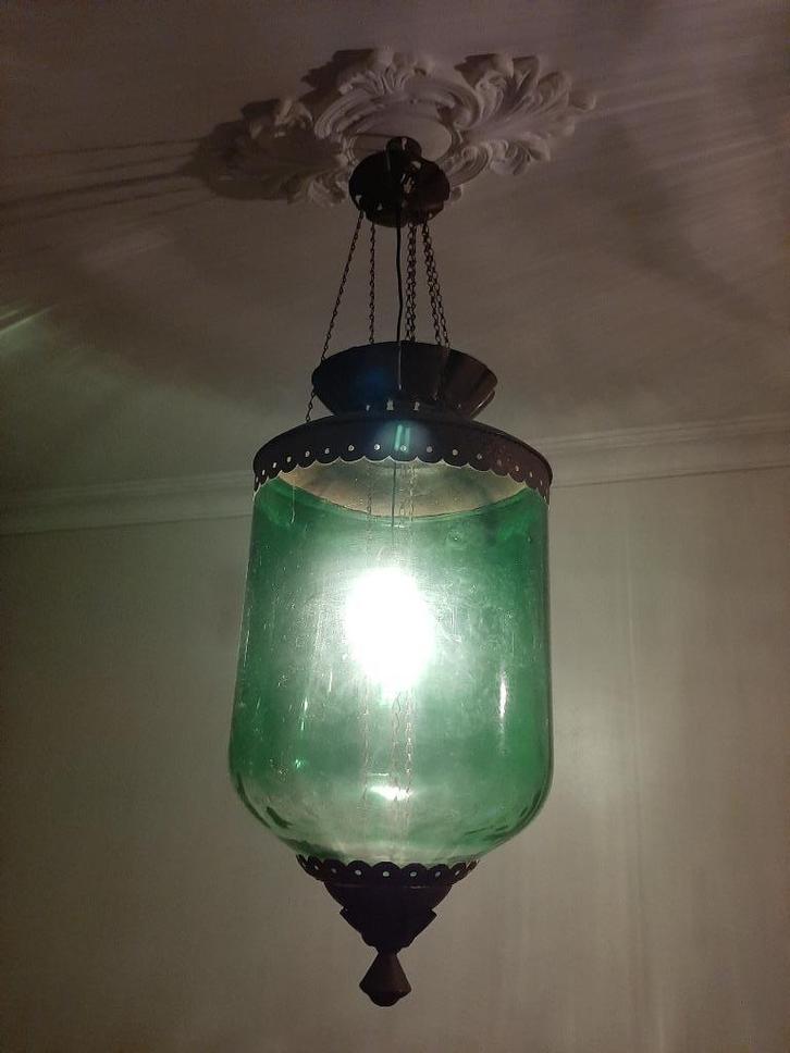 set van twee hanglampen, Huis en Inrichting, Lampen | Hanglampen, Gebruikt, 50 tot 75 cm, Glas, Ophalen