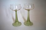 2x champagne coupe art deco glas antiek trompet steel groen, Ophalen of Verzenden