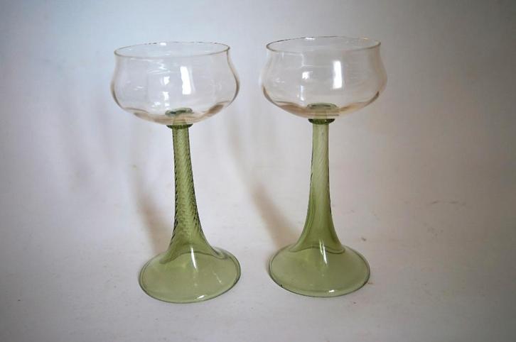 2x champagne coupe art deco glas antiek trompet steel groen, Antiek en Kunst, Antiek | Glas en Kristal, Ophalen of Verzenden